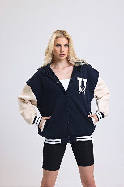 Moda Akai Unısex Oversıze Usa Kapşonlu Nakışlı Cepli 3 Iplik Kolej Ceket