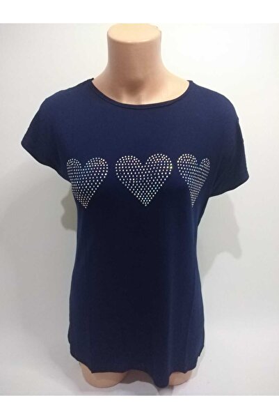 RELYA Жіноча темно-синя футболка з коротким рукавом, серцевим візерунком і каменями