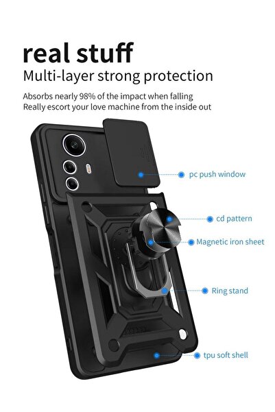 Rivor Xiaomi Redmi Note 12S 4G Kılıf Kamera Korumalı Sürgülü Yüzüklü Darbe Emici Zırhlı Koruyucu Tank