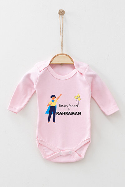 ADABEBEK Benim Annem Bir Kahraman Desenli Uzun Kollu Badi Bebek Zıbın