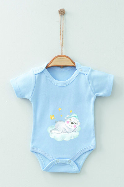 ADABEBEK %100 Pamuk Organik Uyuyan Ayıcık Kısa Kollu Badi Bebek Zıbın