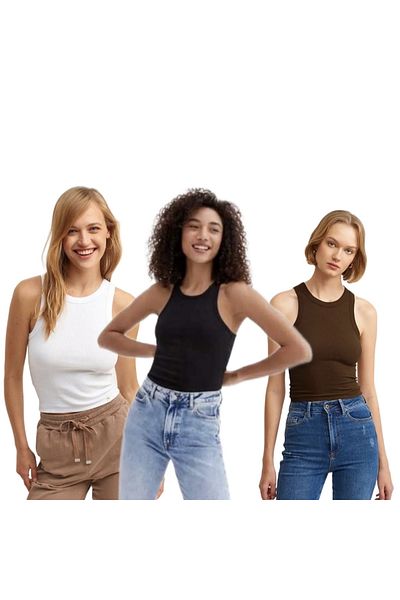 GÖZDE GİYİM Women's 3-Pack Halter Collar Ribbed Lycra Athlete Crop
