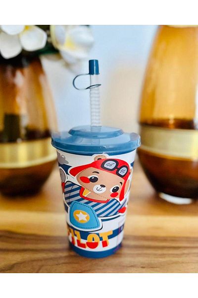 Panoramas Home Navy Blue Teddy Bear Pattern Children's Cup Mug with Straw Special Design Water Bottle