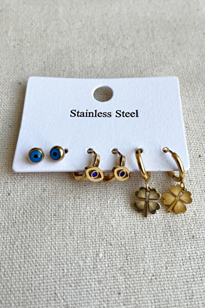 MODA Caprea Steel Evil Eye Clover Eyed Multiple Earrings for Women Gold Color...