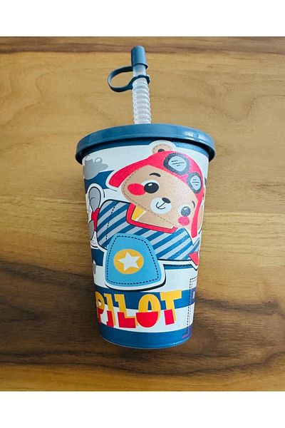 Panoramas Home Navy Blue Teddy Bear Pattern Children's Cup Mug with Straw Special Design Water Bottle