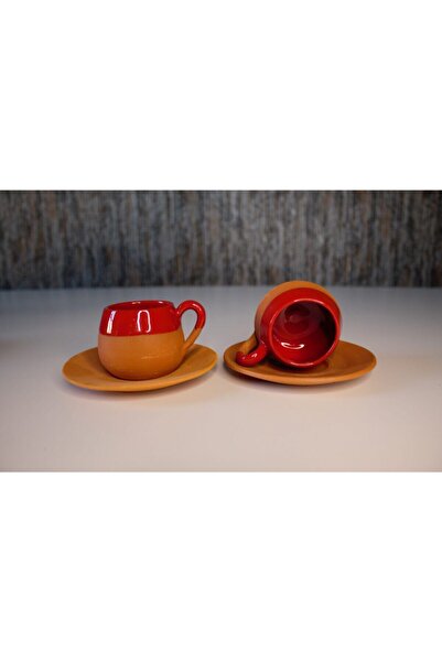 YRM ÇÖMLEK Yörem Çömlek Tombul Toprak 2'li Kırmızı Kahve Fincanı