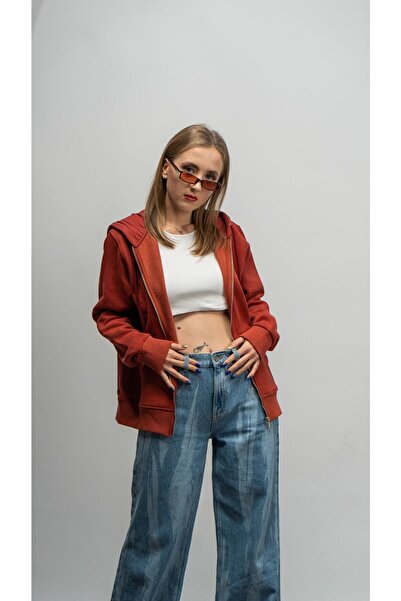 kamba Unısex 3 Iplik Şardonlu Metal Fermuarlı Kapşonlu Tarçın Sweatshırt