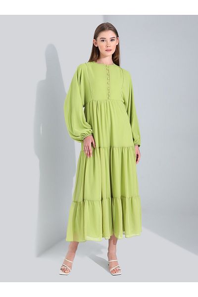 Benin Brit Detailed Half Placket Lined Chiffon Dress - Oil Green - Benin