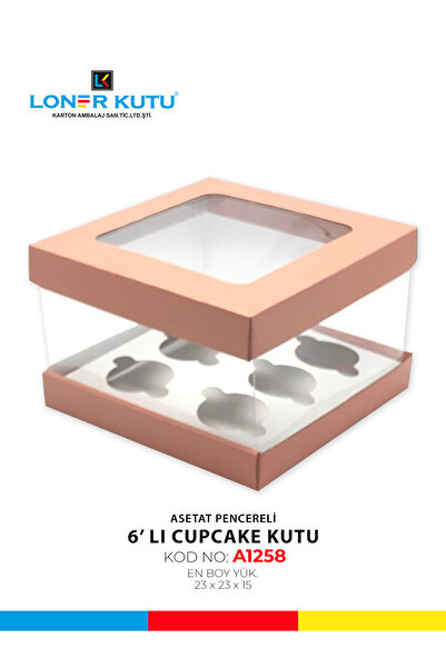 Loner Kutu 23x23x15 6'lı CupCake Pencereli Asetatlı Kutu Hediyelik Kutu Karton Kutu Pasta Kutusu ( 10 Adet )