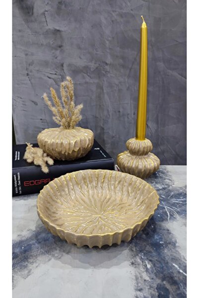 Gardenya İskandinav Tarz Modern Vazo Mumluk & Dekoratif Tabak 3' Lü Set Model 1
