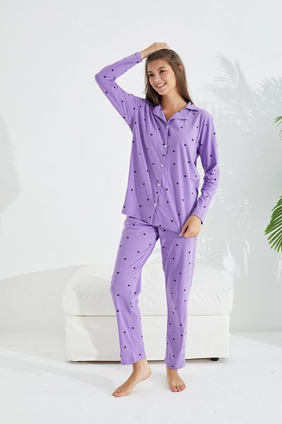 Siyah İnci lilac dot patterned cotton button-down pajama set