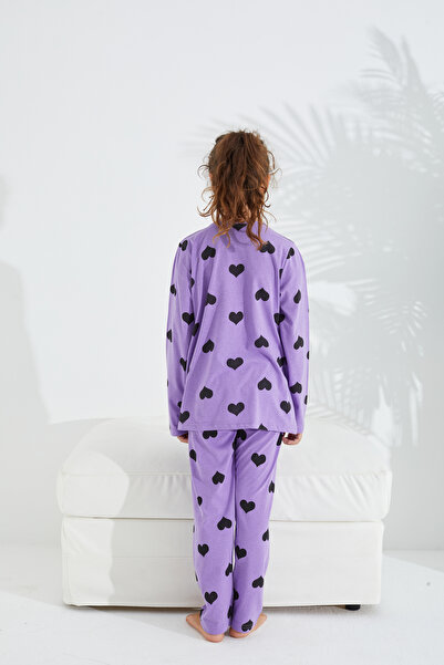Siyah İnci Bavlněný pyžamový set s fialovým vzorem srdce