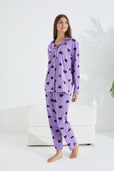 Siyah İnci Lilac heart patterned cotton button-down pajama set