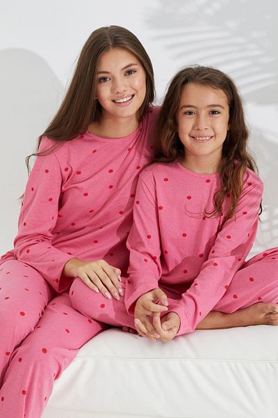 Siyah İnci pink dot patterned cotton pajama set