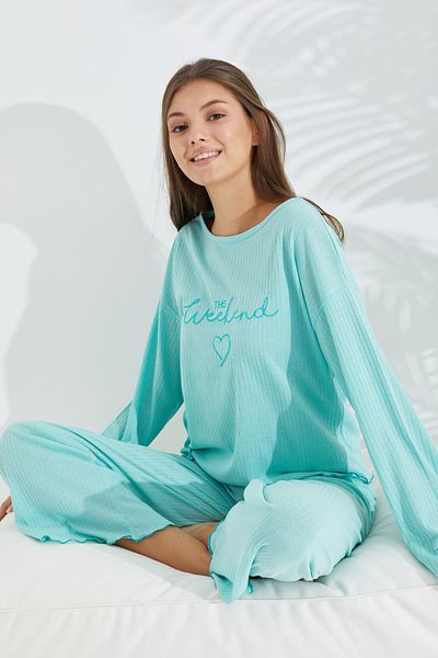 Siyah İnci Mint Green Soft Touch Fine Knitted 100% Cotton Embroidered Pajama Set