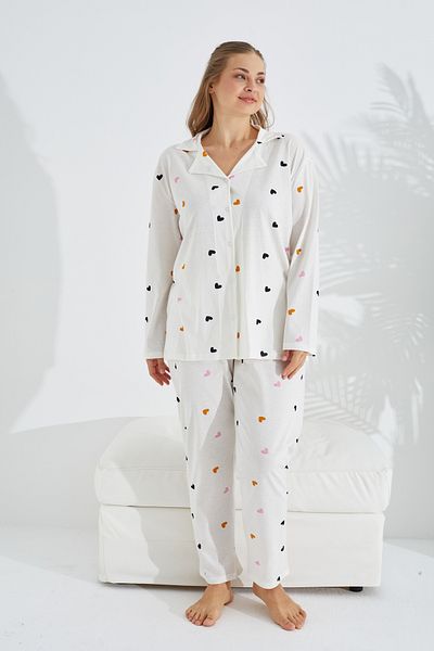 Siyah İnci white heart pattern Curve Plus Size King Size Buttoned Cotton Pajama Set