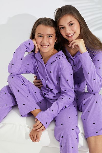 Siyah İnci lilac dot patterned cotton button-down pajama set