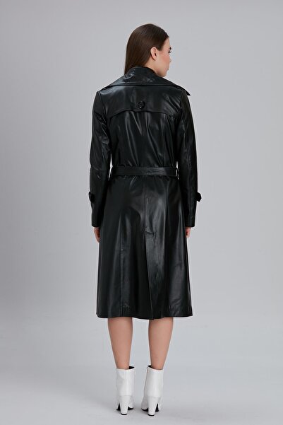 Deri Effect Kadın Siyah Hakiki Deri Kemerli Kruvaze Yaka Trençkot