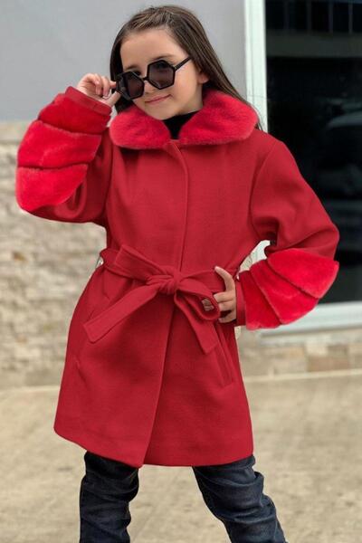 Riccotarz Kız Çocuk Yakası ve Kol Uçları Peluş, Gizli Düğme Detaylı Kırmızı Kaşe Kaban