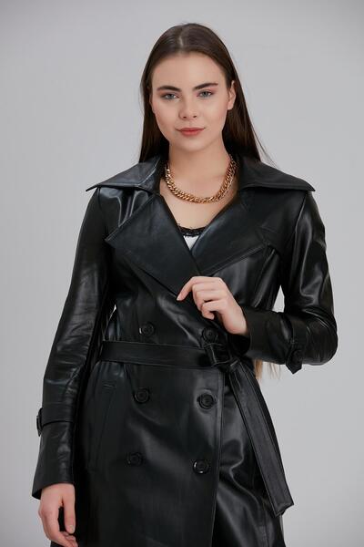 Deri Effect Kadın Siyah Hakiki Deri Kemerli Kruvaze Yaka Trençkot