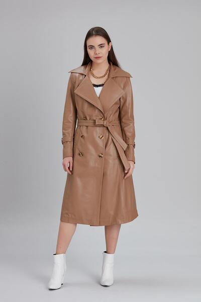 Deri Effect Kadın Camel Hakiki Deri Kemerli Kruvaze Yaka Trençkot