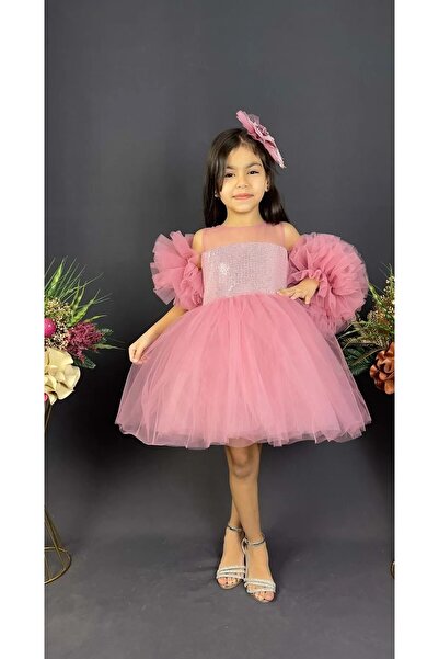 Delfini kids Şifon Robalı Ponpon Kol Pul Payetli Kız Çocuk Kabarık Etek Tütül...