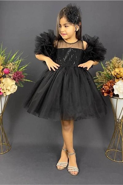 Delfini kids Robă din șifon, mânecă cu pompon, fustă crinolină pentru fetiță cu paiete, rochie de seară tutu