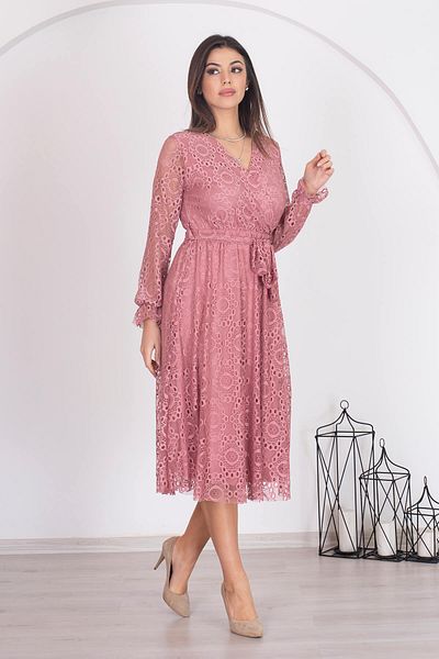XXL BUTİK Rochie din dantelă Dusty Rose - Guler dublu și căptușit cu curea Rssn31