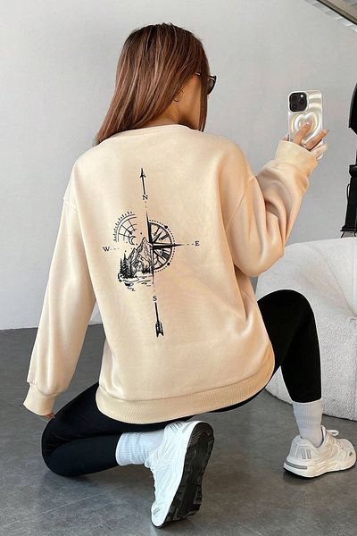 MODAGEN Unisex Μπεζ Πυξίδα με στάμπα Oversize φούτερ με λαιμόκοψη