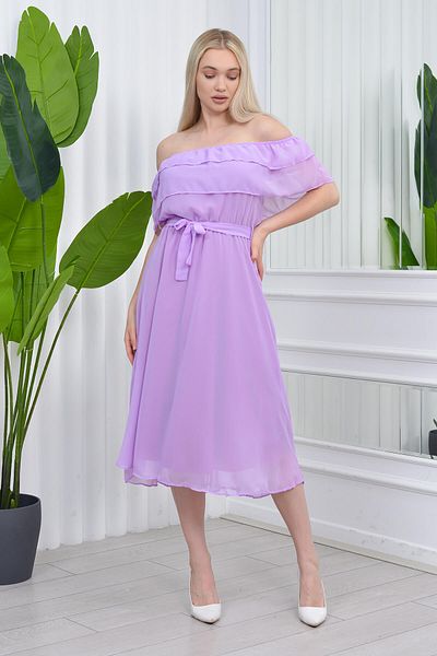 XXL BUTİK Rochie din șifon liliac cu guler Madonna - cu eșarfă Nb8060