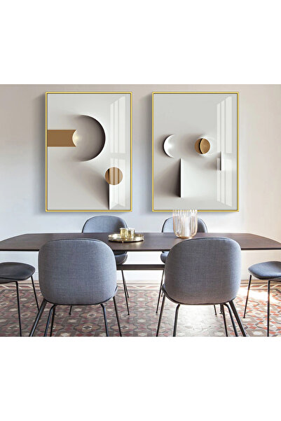 Linacci Ikili Gold Alüminyum Metal Çerçeveli Beyaz Soyut Geometrik Poster Tablo Seti