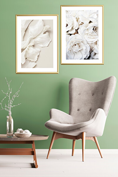 Linacci Σετ ζωγραφικής αφίσας με μαλακό μοντέρνο γυαλί με διπλό χρυσό μεταλλικό πλαίσιο αλουμινίου και λευκό λουλούδι