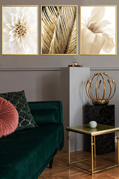 Linacci Üçlü Gold Alüminyum Krem Çiçek Palmiye Metal Çerçeveli Cam Poster Tablo Seti