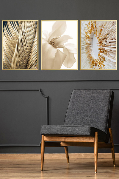 Linacci Üçlü Gold Alüminyum Krem Çiçek Palmiye Metal Çerçeveli Camlı Poster Tablo Seti