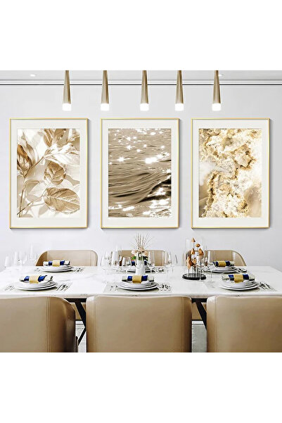 Linacci Üçlü Gold Alüminyum Metal Çerçeveli Soft Yaprak Deniz Işıltı Poster Tablo Seti