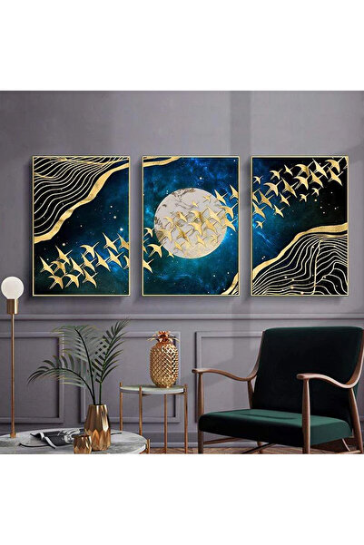 Linacci Σετ ζωγραφικής με αφίσα με μεταλλικό πλαίσιο από αλουμίνιο τριπλό χρυσό, Night Birds Moon Navy Blue