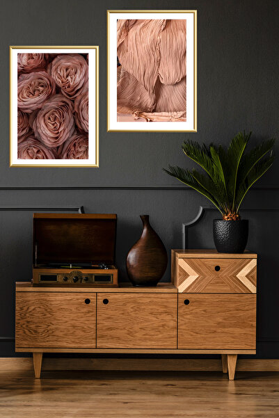 Linacci Ikili Gold Alüminyum Metal Dekoratif Çerçeveli Cam Paspartu Gül Kurusu Poster Tablo Seti