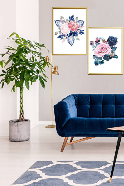 Linacci Set of 2 Decorative Gold Aluminum Metal Framed Glass Red Blue Flower ...