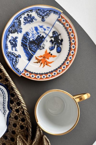 porselenden Gold Fish Series Two Patterned, Double Pattern Coffee Cup Set for 2 Persons