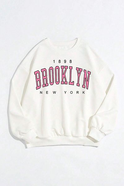 MODAGEN Λευκό μπλουζάκι με στάμπα Brooklyn Pink Oversize με λαιμόκοψη