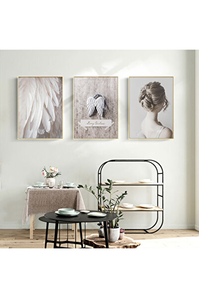 Linacci Üçlü Gold Alüminyum Metal Soft Melek Kanat Tüy Camlı Tablo Seti