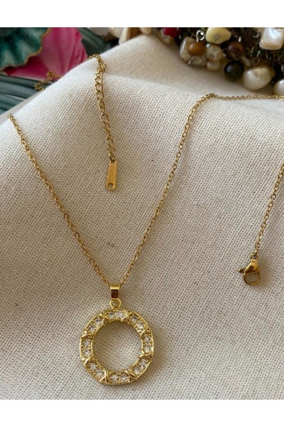 ELİF TAKI AKSESUAR Steel Circle Stone Xoxo Necklace