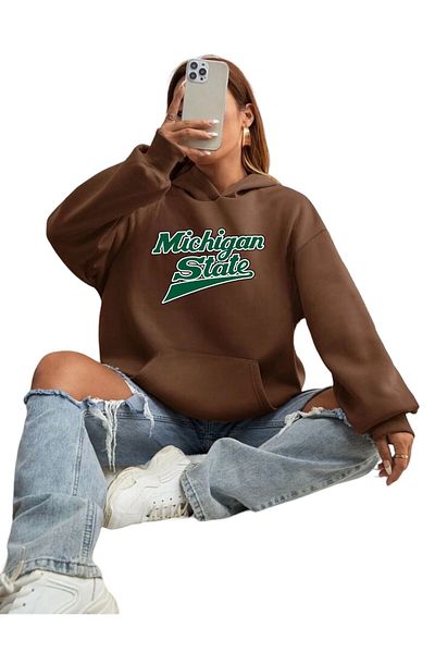 BENROMA Unisex Michigan State Printed καφέ φούτερ με κουκούλα
