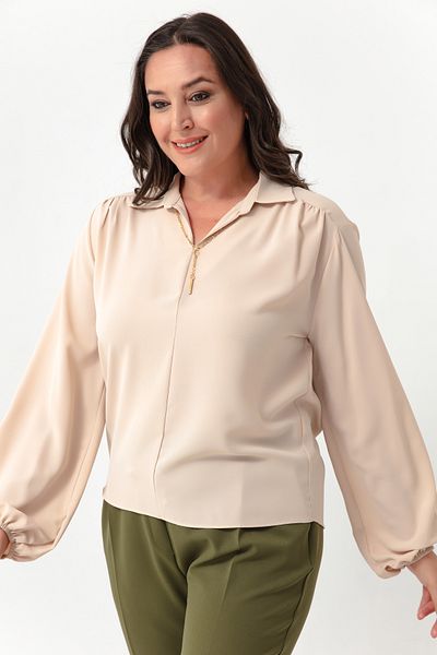 Lafaba Women's Beige Long Sleeve Necklace Plus Size Blouse