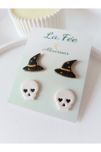 La fee aksesuar Cadılar bayramı - Halloween kuru kafa aksesuar polimer kil küpe 2 li aksesuar seti