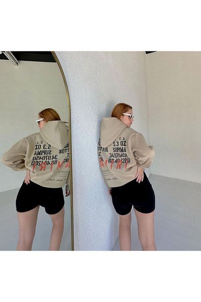 BE QUEEN PLUS SIZE SPECIAL PRODUCTION AMIRI MOTTO PRINTED HOODED 100% COTTON WOMEN'S SWEATSHIRT