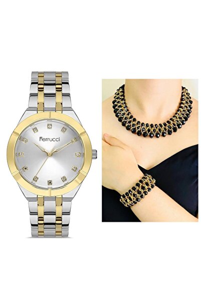 Ferrucci Hediye Seti 1. Sınıf Çelik Zirkon Taşlı Kadın Kol Saat+Şık Takı Set