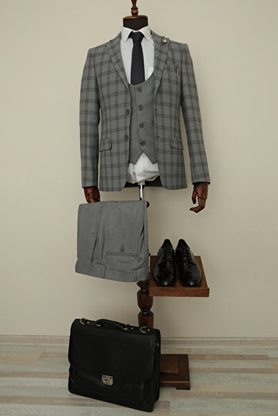 Querinca Yelekli Gri Slim Fit Takım Elbise (kravat Ve Yaka Süsü )