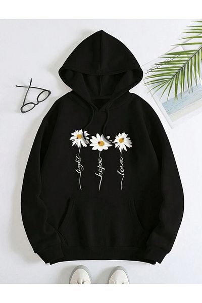 ALİKA Hanorac oversize cu glugă cu buzunar cangur Negru Daisy