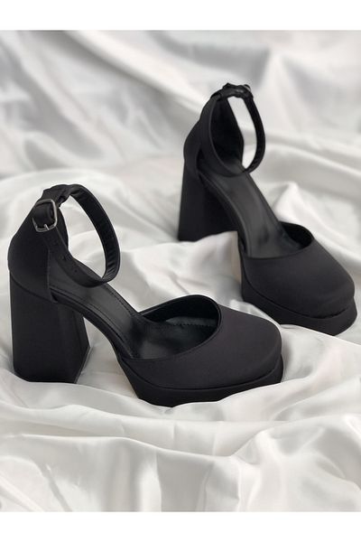 Hg Ayakkabı JENNA STILETTO PLATFORMĂ CU TOC GROS din SATIN NEGRU
